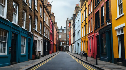 Naklejka premium Colorful buildings lining a quiet street in an urban area, with a cloudy sky and no people visible
