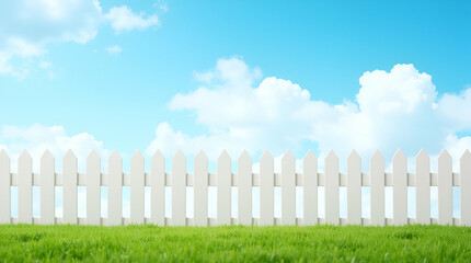 Fototapeta premium Idyllic summer scene with white picket fence, green grass, and bright blue sky creating a tranquil and peaceful outdoor atmosphere