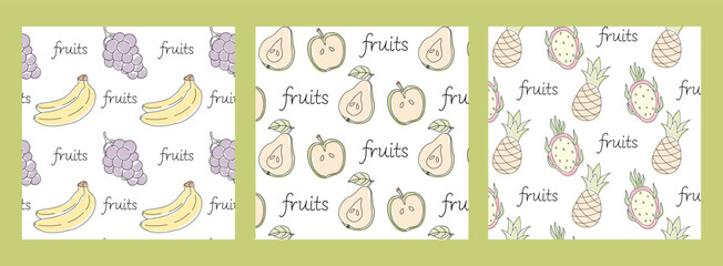 Colorful fruit patterns featuring bananas, grapes, pears, and pineapples on white background
