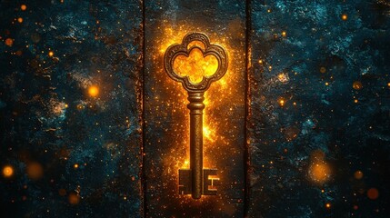 Golden Key Glowing Against a Dark Textured Background with Sparkling Lights and Mystical Effects