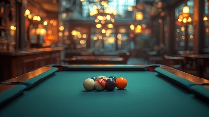 Pool table in a dimly lit, vintage bar; blurred background of a bustling interior