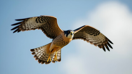 Majestic nankeen kestrel soars gracefully against a bright blue sky with fluffy white clouds