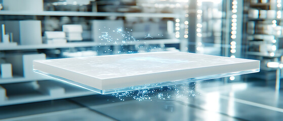 Floating digital surface innovation modern warehouse 3d render futuristic environment aerial view technology concept