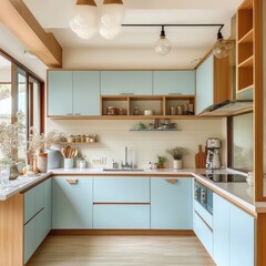 Fototapeta premium A modern light blue and wooden kitchen interior design space