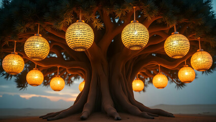Mystical olive tree adorned with glowing lanterns at dusk creating a magical ambiance