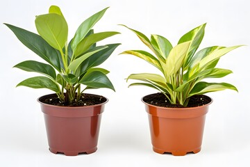 Two Philodendron Plants in Brown Pots, Green and Variegated Foliage