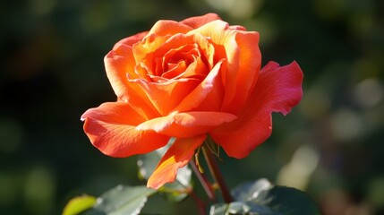 Bright Orange Rose Bloom with Green Background in Garden Setting