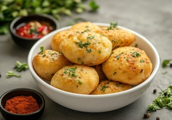 Golden Brown Fried Snack Balls Garnished with Fresh Green Herbs Served in a White Bowl Against a Rustic Grey Background with Spices