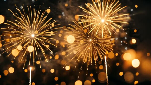 Spectacular golden fireworks illuminate the night sky, a symbol of celebration
