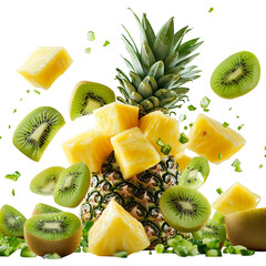 Pineapple and Kiwi Chunks Flying Through the Air Isolated on Transparent Background