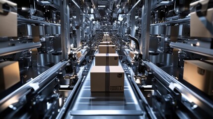 Automated packaging line, sequential brown boxes arrangement, industrial warning labels, mechanized conveyor system, warehouse automation technology, commercial shipping facility, precision
