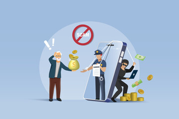 Elderly cyber crime, Fake police scammer holding summons court notice, threaten and lure senior man to give money. Vector.