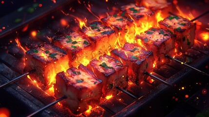 Grilled Skewers Over Fiery Flames with Vibrant Glow and Deliciously Charred Surface