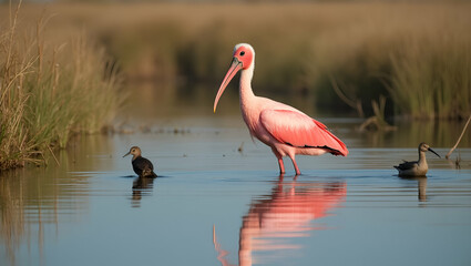 Roseate Spoonbill wading in shallow water, with reflections and natural habitat