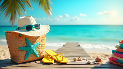 Serene Beach Vacation, A vibrant scene of relaxation and leisure on a sun-drenched shore with tropical vibes and essential summer accessories