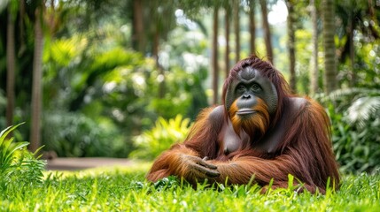 Obraz premium Orangutan Sitting in Lush Green Foliage