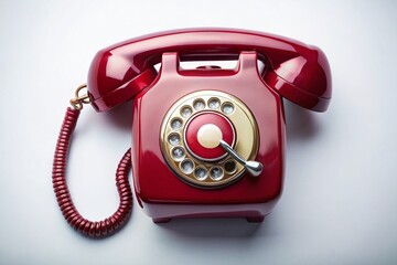 Vintage Crimson Rotary Phone on White Background - High-Resolution Aerial Photography Stock Image