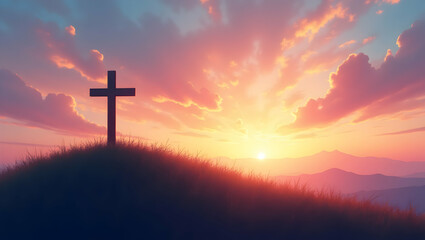 Fototapeta premium Serene Silhouette, Wooden Cross Against a Dramatic Sunset Sky Backdrop