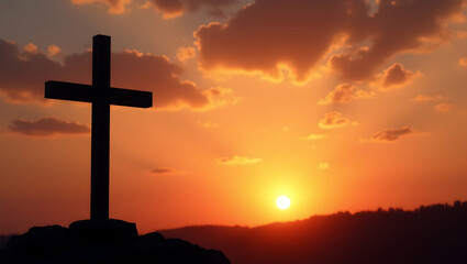 Silhouette of a Christian Cross Against a Vibrant Sunset Sky Landscape
