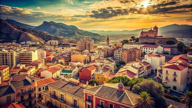 Vintage Cullera, Spain: Panoramic Castle View of Town, Streets, and Mountains