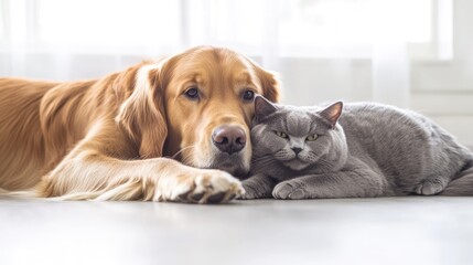 Golden Retriever and British Shorthair Cat Resting Together