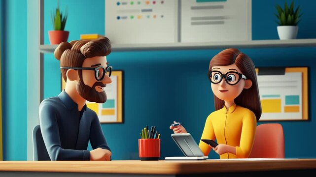 3D Render of a Business Meeting:  Cartoon Colleagues Collaborating on a Project