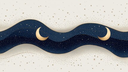 Obraz premium Serene Night Sky with Golden Crescent Moons and Starry Background in Elegant Flowing Design