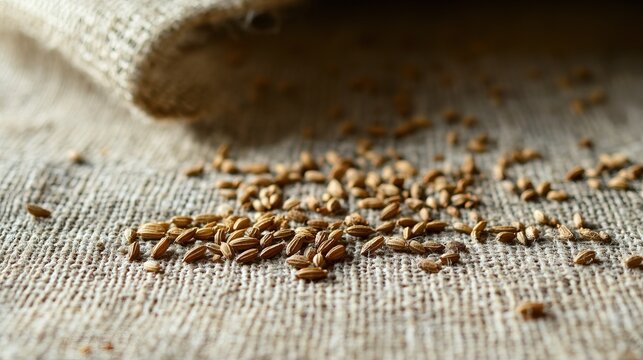 Organic Cumin Seeds on Rustic Linen Cloth &ndash; Earthy and Textured Close-Up