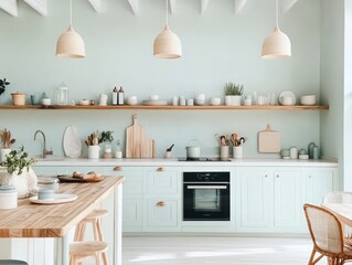 Fototapeta premium A modern kitchen interior with bright colors and shelves