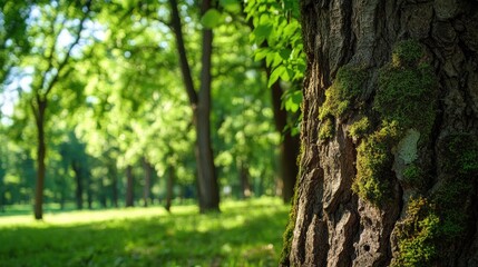 Obraz premium Majestic Forest Scene with Green Foliage and Textured Tree Bark