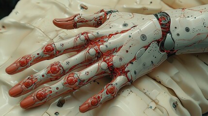Close-up View of Futuristic Robotic Hand with Intricate Mechanical Components and Wiring