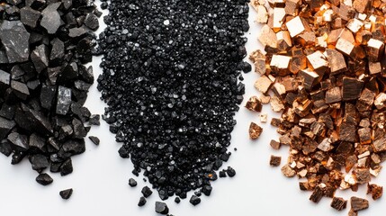 Scientific documentation style photograph of rare earth elements, contrasting piles of black coal and copper-colored mineral fragments, precise focus on material textures, clean white backdrop,