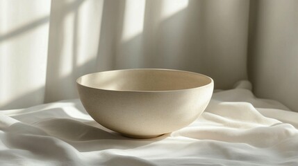 Beige ceramic bowl on white fabric with sunlight.