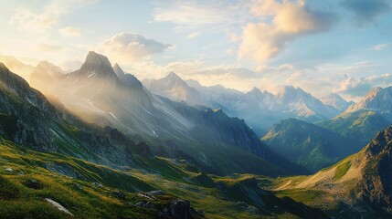 Obraz premium Breathtaking Panorama of Morning Wild Nature in High Mountains