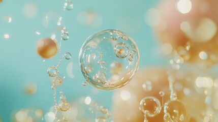 Fototapeta premium sparkling effervescent spheres against ethereal blue backdrop, ultra macro lens capture, levitating transparent bubbles, professional beauty product photography, smooth depth of field blur, high end