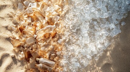 Split frame composition showing dirty discarded plastic bottles on beach sand transitioning into clean processed plastic flakes, natural sunlight, textural details of sand and water droplets,