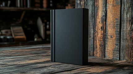 Black book mockup on rustic wooden surface.