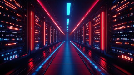 Futuristic Server Room with Neon Lights and Digital Technology