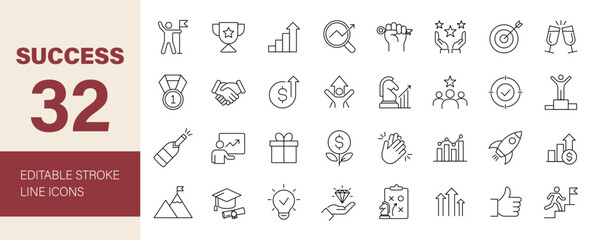 Success icon set. Business development related line icons: achievement, growth, winner, teamwork, goal, challenge, target, handshake and more. Editable stroke. Vector illustration.