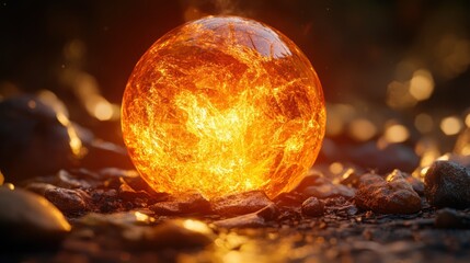 Fiery orb resting on stones