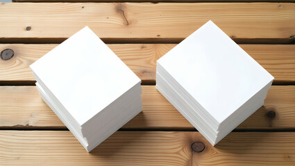 Fototapeta premium Top-Down Studio Shot of Two Stacks of Blank Bright White Paper on Wood Surface, Ideal for Office or Creative Projects with Copy Space