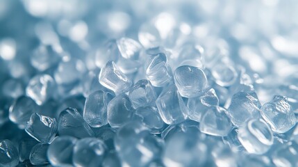 Translucent polymer granules macro shot, blue to clear gradient, crystalline material texture, laboratory sample photography, scattered plastic pellets, industrial raw materials, high detail surface