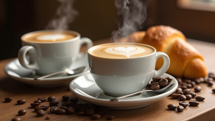Fototapeta premium A cozy café breakfast with two cappuccinos and a golden croissant on rustic wood. Styled with coffee beans and warm lighting for a comforting, inviting morning vibe.