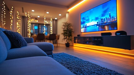 Cozy modern living room with warm ambient lighting and a large TV on wall showcasing city skyline