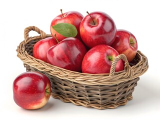 Fresh Red Apples in a Wicker Basket with Leaf Accents.