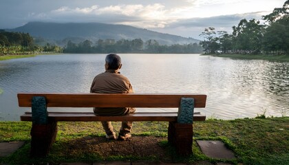 A man sits alone on a bench by the lake, staring at the water with a calm expression. A middle-aged man sat alone on a bench by the lake.