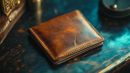 Brown leather wallet on dark wooden surface.
