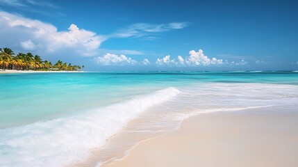 Obraz premium Serene White Sandy Beach at Punta Cana with Clear Blue Ocean Waves