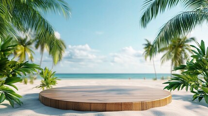 Fototapeta premium Tropical Beach Scene with Wooden Platform Surrounded by Palm Trees