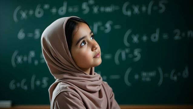 Young Girl in Hijab Contemplates Algebra on Blackboard in Classroom Setting - Powered by Adobe